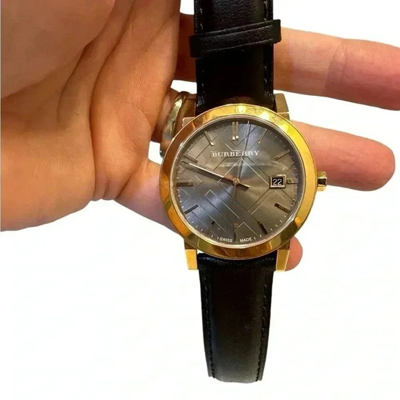 Burberry Rose Gold Watch The City Brown Authentic Leather Beige Dial Date BU9013 - Picture 2 of 6